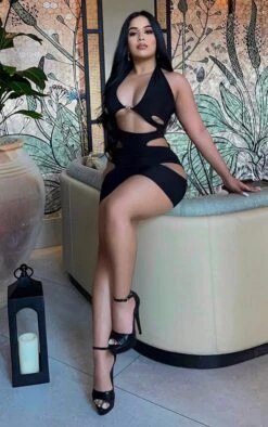 Shape Black Halterneck Branded Trim Cut Out Bodycon Dress