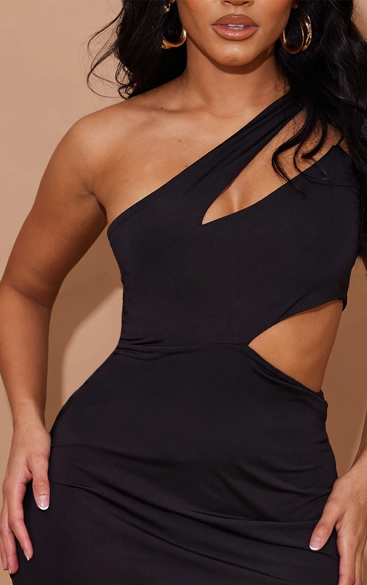Shape Black Slinky One Shoulder Cut Out Detail Bodycon Dress 6 Shape Black Slinky One Shoulder Cut Out Detail Bodycon Dress - Image 4