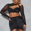 Shape Black Satin Cut Out Ruched Mesh Overlay Bodycon Dress