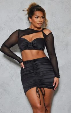 Shape Black Satin Cut Out Ruched Mesh Overlay Bodycon Dress