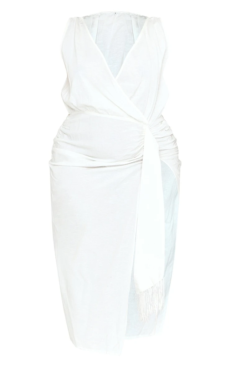 Plus Cream Linen Look Drape Detail Midi Dress 7 Plus Cream Linen Look Drape Detail Midi Dress - Image 5