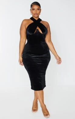 Plus Black Velvet Underwired Cross Front Midi Dress -Goremje Style ebb82a09a2efb20957f521925c5d5fcb75a7665d cmu1341 4