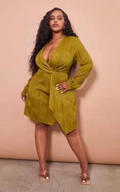 Plus Olive Plisse Wrap Front Dress