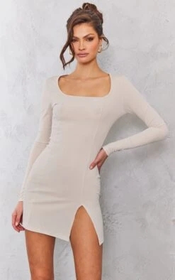 Tall Light Grey Rib Split Hem Square Neck Long Sleeve Bodycon Dress