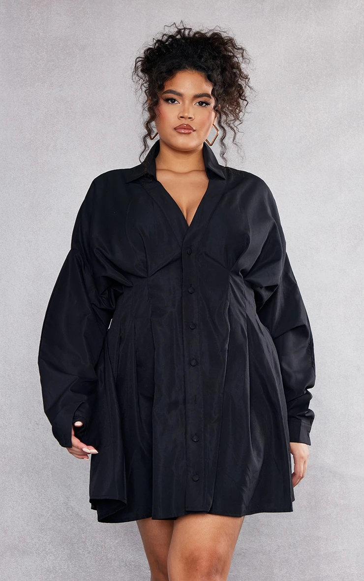 Plus Black Woven Pleated Button Down Oversized Puff Shirt Dress 3 Plus Black Woven Pleated Button Down Oversized Puff Shirt Dress