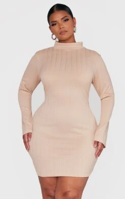 Plus Beige Rib High Neck Bodycon Dress -Goremje Style ed55df997ee3d264cfa79c7efecb1bb5a8a1a64f cnc5161 3