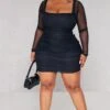 Plus Black Mesh Square Neck Ruched Bodycon Dress