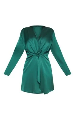 Plus Emerald Green Satin Long Sleeve Wrap Dress -Goremje Style f04530783e3793471284a4283edbce27f31a9384 CLY4982 3