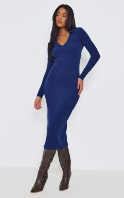 Tall Ink Blue Plunge Polo Neck Midi Dress