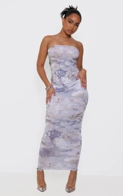 Petite Grey Bandeau Camo Print Maxi Dress