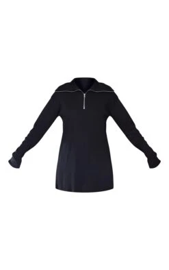 Tall Black Rib High Neck Half Zip Oversized Jumper Dress -Goremje Style f27786ac644da26c929d4572150436ab2dffc6d3 cnd9791 5