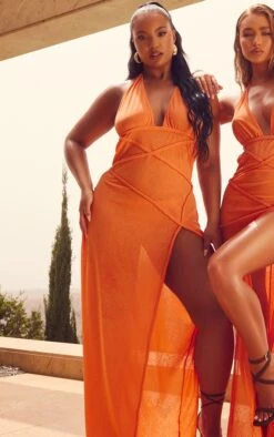 Plus Orange Plait Detail Plunge Side Split Beach Maxi Dress -Goremje Style f2aa7c64f8d72f6dfaa5924ee7dbf2596a85947d cnd4780 4