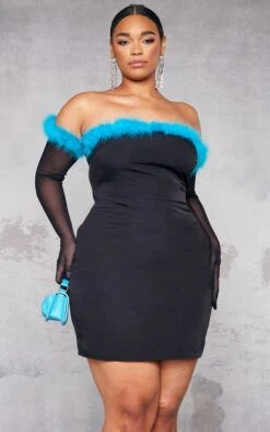 Plus Black Bardot Faux Feather Glove Detail Dress