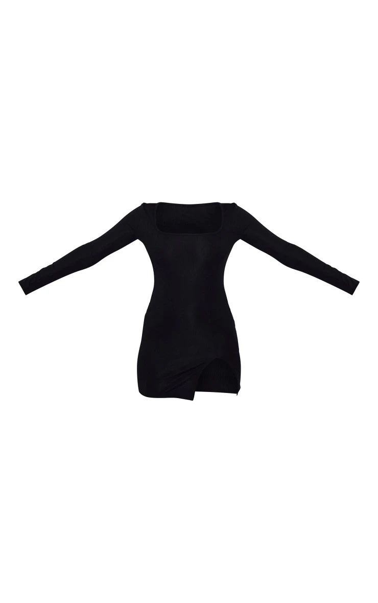 Petite Black Rib Split Hem Square Neck Long Sleeve Bodycon Dress 7 Petite Black Rib Split Hem Square Neck Long Sleeve Bodycon Dress - Image 5
