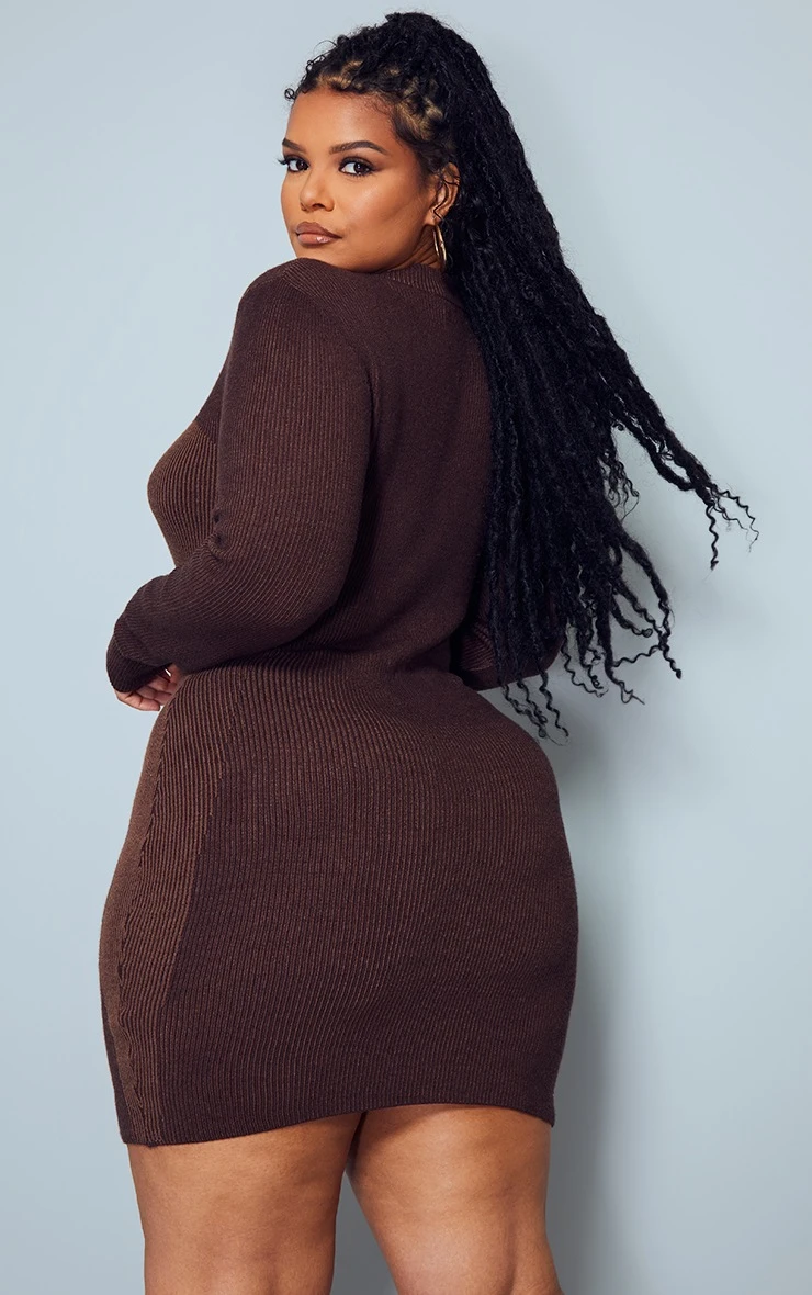 Plus Brown Two Tone Contrast Seam High Neck Dress 4 Plus Brown Two Tone Contrast Seam High Neck Dress - Image 2