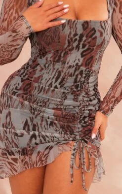 Shape Grey Leopard Print Mesh Long Sleeve Ruched Side Frill Hem Bodycon Dress -Goremje Style f428144cf70c7cd40f662c82bcf4409982497e5a cne3055 4