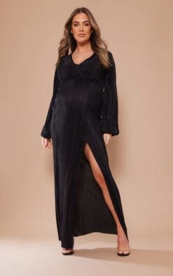 Maternity Black Plisse Maxi Dress With Split -Goremje Style f430d27af6c65cbf0d100bcdd121dc7acecaa32d cnd3090 1
