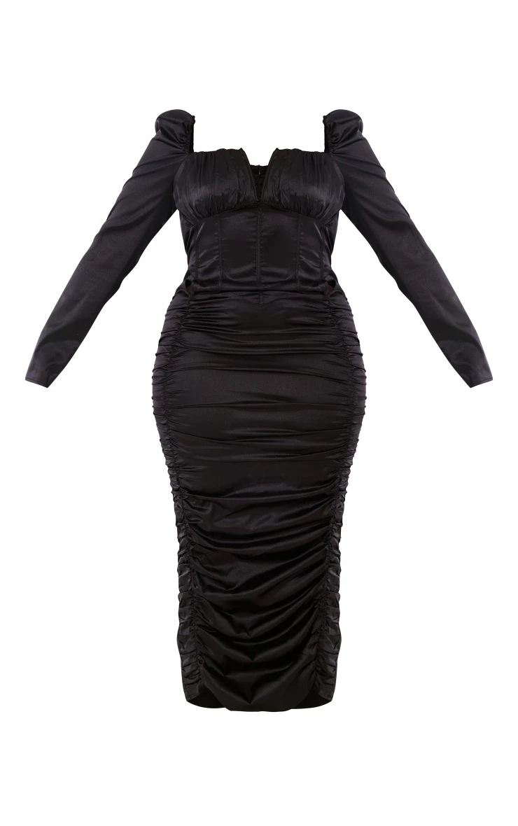 Plus Black Ruched Corset Satin Midi Dress 7 Plus Black Ruched Corset Satin Midi Dress - Image 5