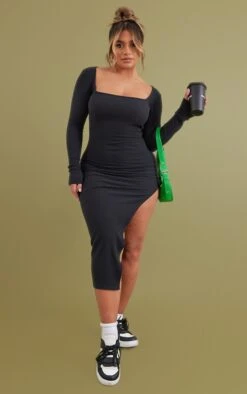 Shape Black Brushed Rib Square Neck Split Side Midi Dress