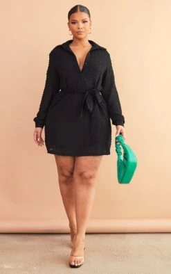 Plus Black Textured Tie Waist Shirt Dress -Goremje Style f539c4d16c58bbd01aafe864b2922a92e2378307 cmw2841 4