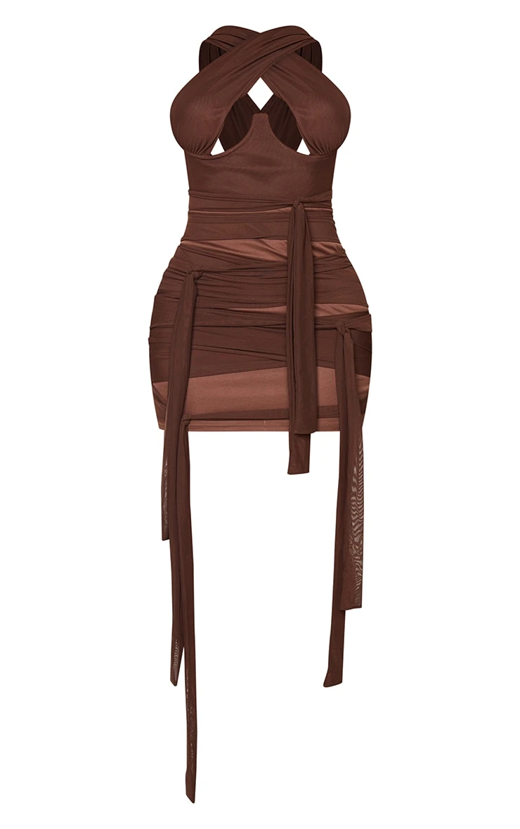 Shape Chocolate Brown Mesh Wrap Neck Tie Detail Bodycon Dress 7 Shape Chocolate Brown Mesh Wrap Neck Tie Detail Bodycon Dress - Image 5