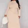 Plus Desert Sand Rib Lettuce Hem Long Sleeve Midaxi Dress