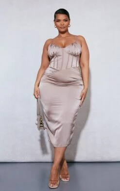 Plus Mocha Ruched Bust Satin Midi Dress