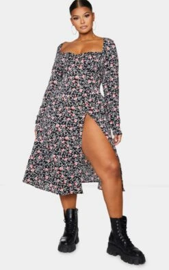 Plus Black Floral Print Cupped Split Detail Midi Dress