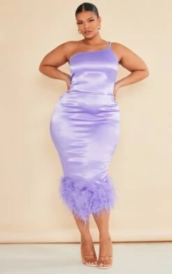 Plus Lilac Satin Feather Trim One Shoulder Midi Dress