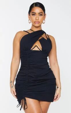 Shape Black Woven Cup Detail Ruched Side Bodycon Dress