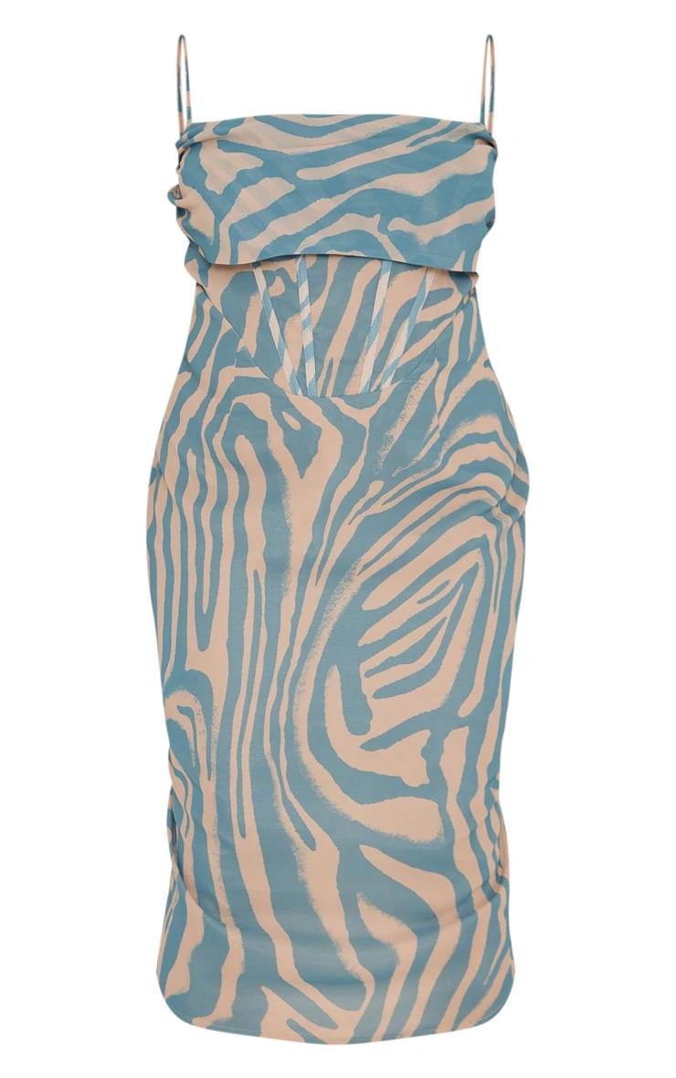 Plus Dusty Blue Tiger Printed Chiffon Drape Detail Midi Dress 7 Plus Dusty Blue Tiger Printed Chiffon Drape Detail Midi Dress - Image 5