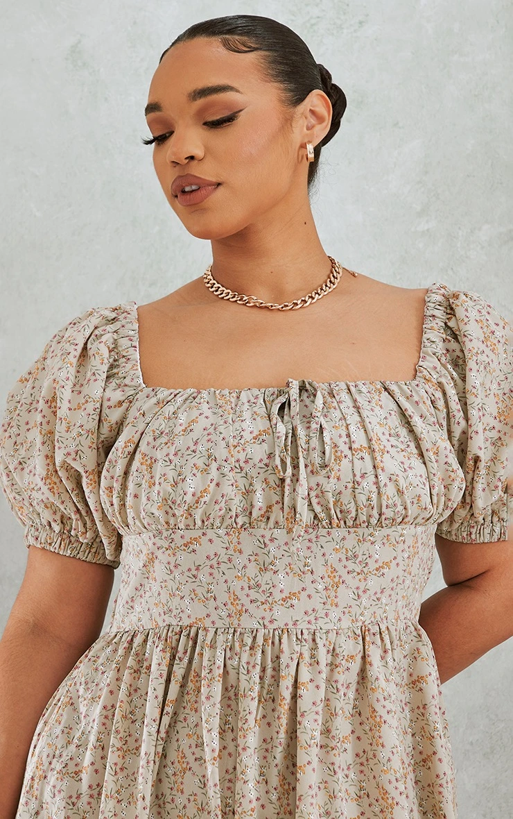 Plus Taupe Ditsy Floral Puff Sleeve Midi Dress 6 Plus Taupe Ditsy Floral Puff Sleeve Midi Dress - Image 4
