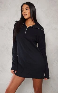 Tall Black Rib High Neck Half Zip Oversized Jumper Dress -Goremje Style fa7a550539c17cd0c697ef57e527fecafcc51035 cnd9791 1