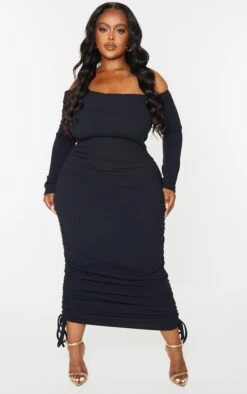 Plus Black Bardot Ruched Side Midi Rib Dress