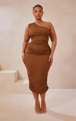 Plus Chocolate One Shoulder Textured Midi Dress -Goremje Style fb9644135f0cccda808e286feec903ab145ac406 cmy4407 4