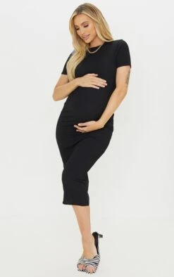 Maternity Black Ribbed Crew Neck Midi Dress
