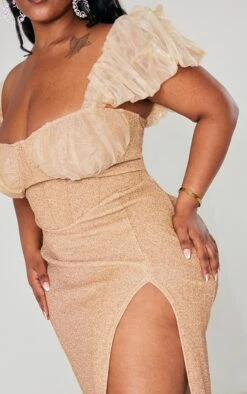 Plus Champagne Bardot Organza Ruffle Detail Glitter Midi Dress -Goremje Style fc23248898c41b7cf77fcdf33aa1e9df2b23300c cna8272 4
