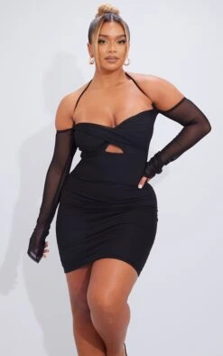 Shape Black Mesh Twist Cut Out Ruched Bodycon Dress