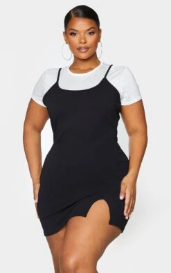 Plus Black 2 In 1 Strappy Split Front Shift Dress