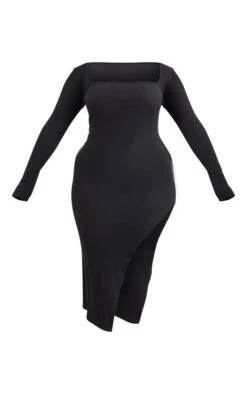 Shape Black Brushed Rib Square Neck Split Side Midi Dress -Goremje Style ff142544797ed48a76aac692cd19a70c99fca4dc cnc4642 5